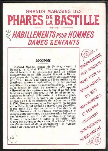 Sammelbild Phares de la Bastille, Voir au Verso la Biographie, Monge, Mumie