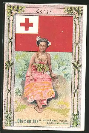 Sammelbild Rud. Starcke, Diamantine, Königreich Tonga, Flagge und Frau im Kleid