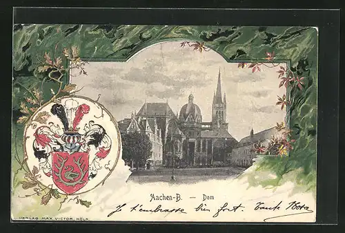 Präge-Passepartout-Lithographie Aachen-B., Dom und Wappen