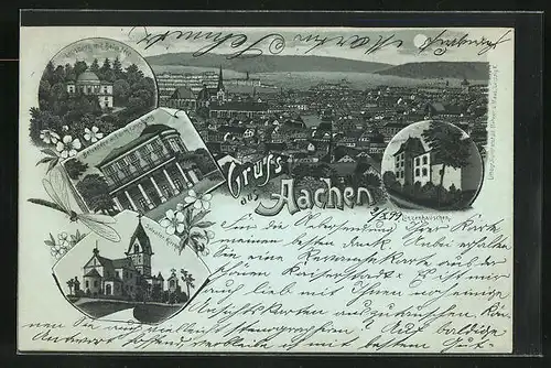 Mondschein-Lithographie Aachen, Gasthaus Belvedère, Slavator Kirche, Ortsansicht