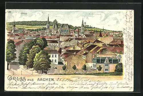 Lithographie Aachen, Ortsansicht mit Bergen im Hintergrund