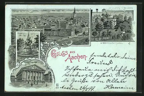 Mondschein-Lithographie Aachen, Krieger-Denkmal, Stadttheater, Panorama