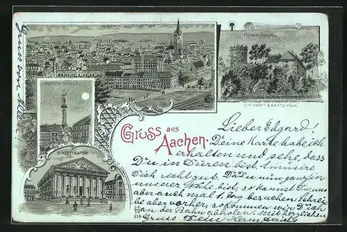 Mondschein-Lithographie Aachen, Mariensäule, Stadttheater, Panorama