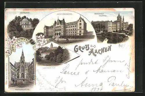 Lithographie Aachen, Gasthaus Belvedére, Justizgebäude, Marienkirche