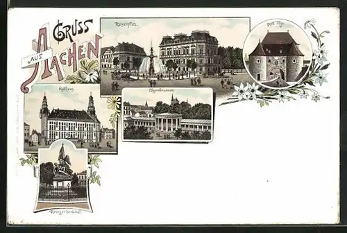 Lithographie Aachen, Kaiserplatz, Pont Tor, Rathaus