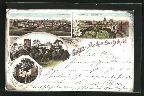 Lithographie Aachen-Burtscheid, Rosenbad und Kurgarten, Frankenburg