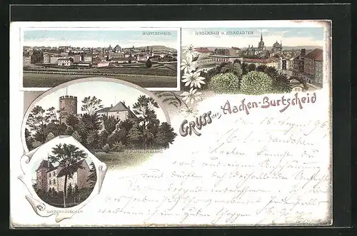 Lithographie Aachen-Burtscheid, Gesamtansicht, Rosenbad und Kurgarten, Linzenhäuschen, Frankenburg