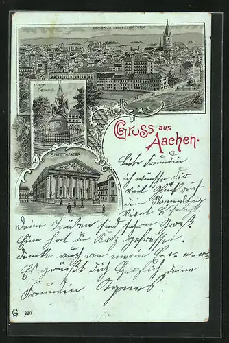 Mondschein-Lithographie Aachen, Stadttheater, Kriegerdenkmal, Panoramablick vom Pulverturm