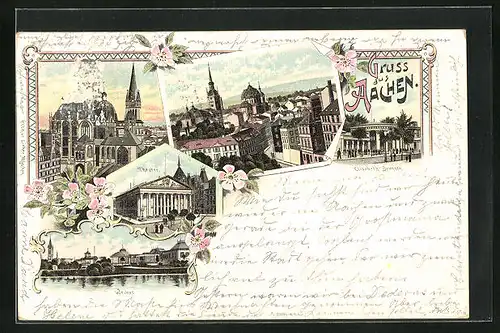 Lithographie Aachen, Elisabethbrunnen mit Passanten, Weiher mit Blick zum Ort, Theater