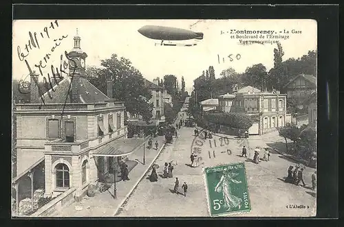 AK Montmorency, la Gare et Boulevard de l'Ermitage, Zeppelinfahrt über der Stadt