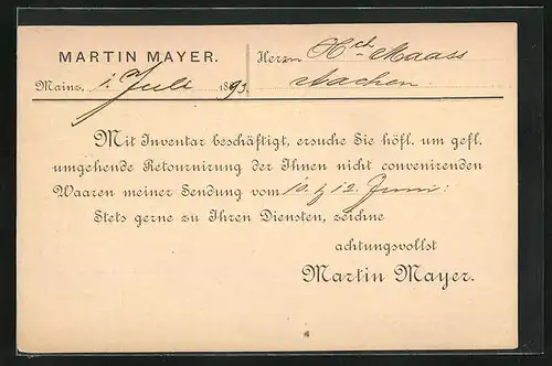 AK Aachen, Korrespondenzkarte der Firma Martin Mayer