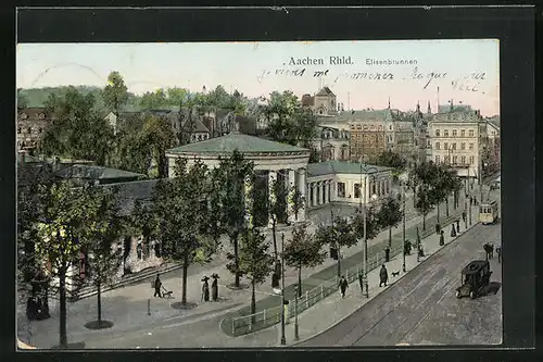 AK Aachen / Rheinland, Elisenbrunnen mit Strassenbahn, mit leuchtenden Fenstern