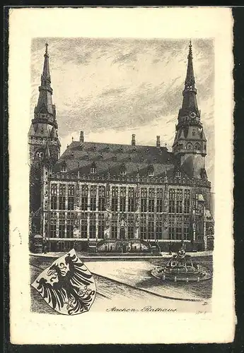 AK Aachen, Rathaus mit Brunnen, Wappen