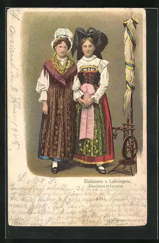 Lithographie elsass-lothringische Tracht, Frauen stehend mit Spinnrad