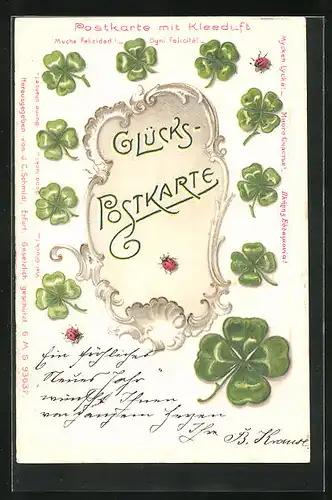 Präge-Duft-Lithographie Glückspostkarte mit Kleeblättern und Marienkäfern