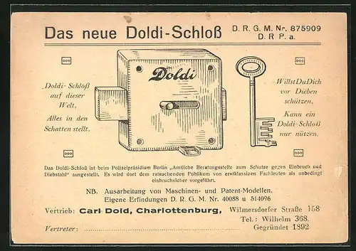 AK Carl Dold, Charlottenburg, Wilmersdorfer Strasse 158, Willst Du Dich vor Dieben schützen... - Das neue Doldi-Schloss