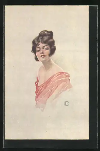 Künstler-AK Sinnliche Dame in einem Hauch von Rot, Art Deco