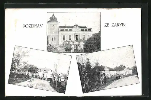 AK Zaryby, Strassenpartien und Familie vor einem Haus