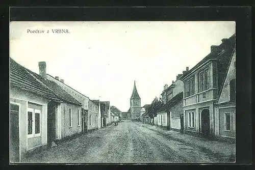 AK Vrbno u Melnika, Blick entlang der Dorfstrasse