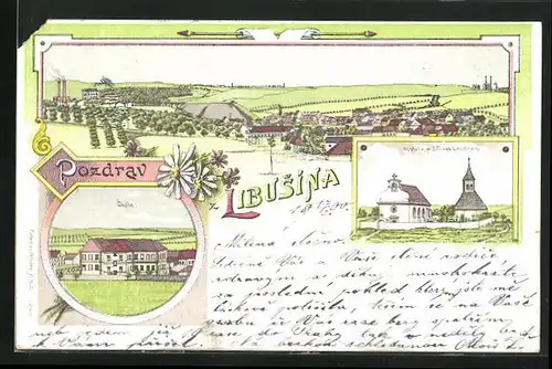 Lithographie Libusin, Celkovy pohled, Skola, Kostelik sv Jiri