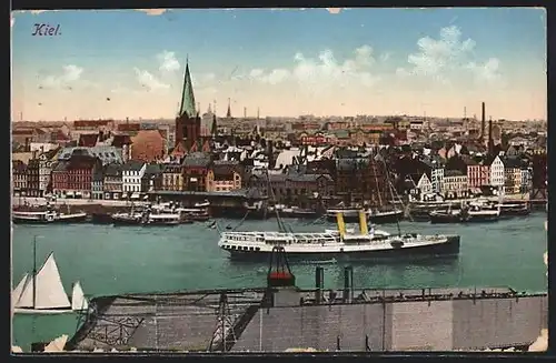 AK Kiel, Blick vom Hafen in die Stadt mit Dampschiff und Segelboot