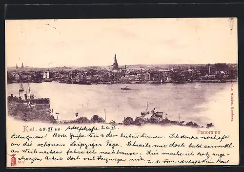 AK Kiel, Panorama mit Hafen und Kirche