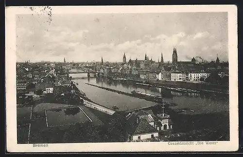AK Bremen, Weser mit Wohngebäuden, Flusspartie