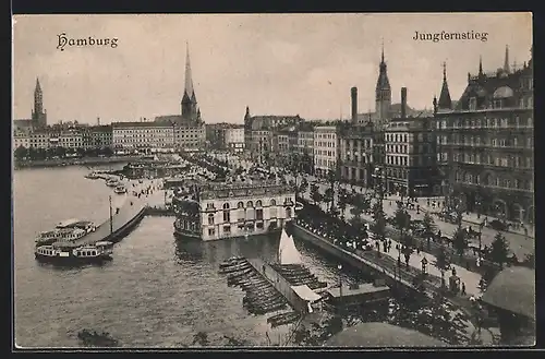 AK Hamburg-Neustadt, Jungfernstieg mit Alsterpavillion und Bootsanlegern