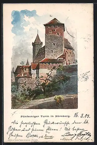 Künstler-AK Nürnberg, Fünfeckiger Turm im Sonnenschein