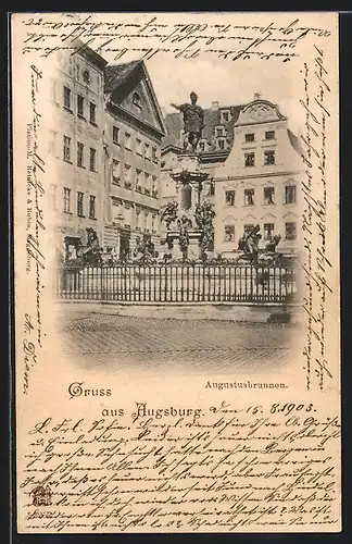 AK Augsburg, Augustusbrunnen im Sonnenschein