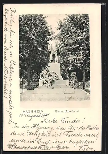 AK Mannheim, Bismarckdenkmal bei Sonnenschein