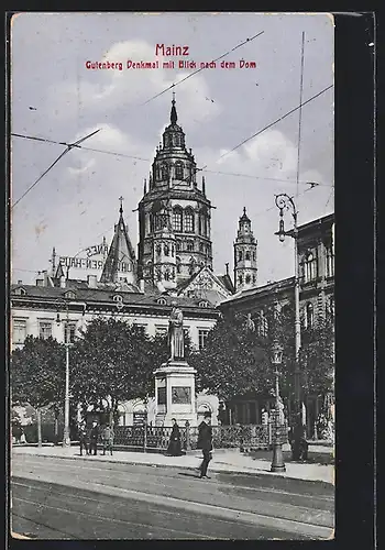 AK Mainz, Gutenberg Denkmal mit Blick nach dem Dom