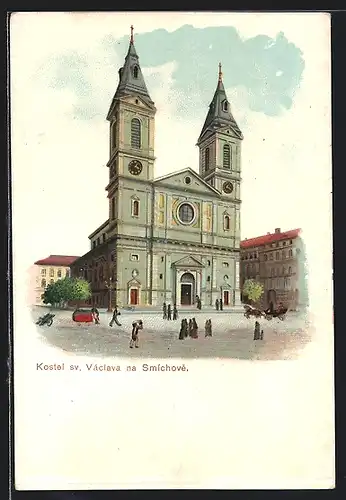 Lithographie Prag / Praha, Smichov, Ansicht der Kirche