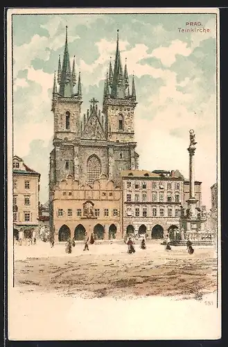Lithographie Prag / Praha, Teinkirche mit Denkmal