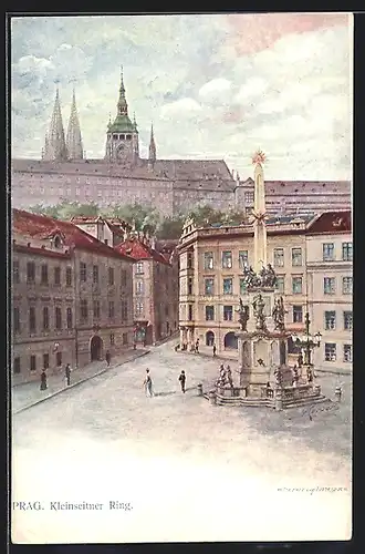 Lithographie Prag / Praha, Strasse Kleinseitner Ring mit Denkmal
