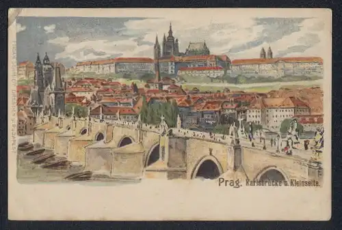 Lithographie Prag / Praha, Karlsbrücke und Kleinseite, Karluv most