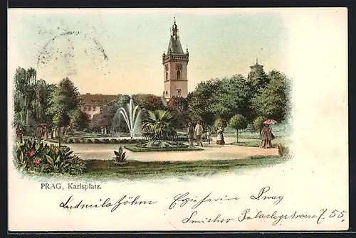 Lithographie Prag / Praha, Karlsplatz mit Fontäne