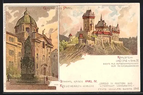 Lithographie Prag / Praha, Pomnik Karla IV. Otice Vlasti a Kostel Krizovniku, Karluv Týn