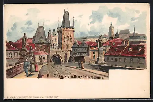 Lithographie Prag / Praha, Karlsbrücke, Karluv most, Kleinseitener Brückentürme