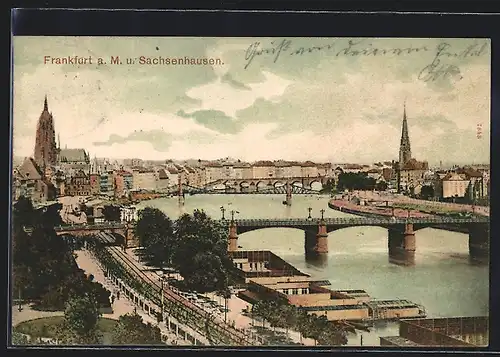 AK Frankfurt a. M., Flusspartie mit Brücken und Uferpromenade und Sachsenhausen
