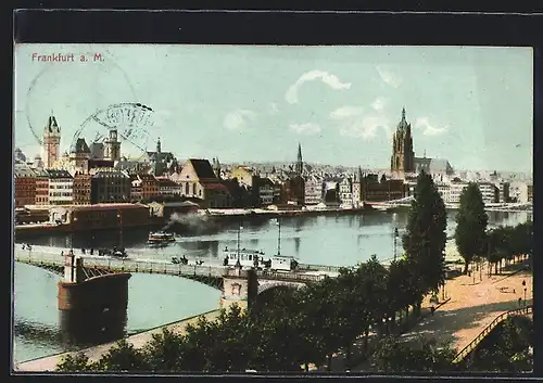 AK Frankfurt a. M., Flusspartie mit Strassenbahn und Dampfschiff