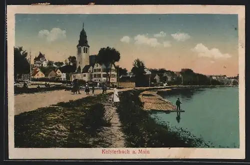 AK Kelsterbach a. Main, Flusspartie mit Kirche
