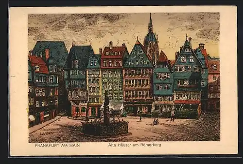 Künstler-AK Alt-Frankfurt, Alte Häuser am Römerberg mit Springbrunnen