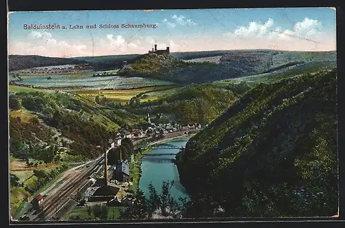 AK Balduinstein a. Lahn, Flusspartie mit Schloss Schaumburg