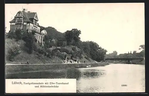 AK Lübeck, Navigationsschule mit Elbe-Trave-Kanal und Mühlentorbrücke