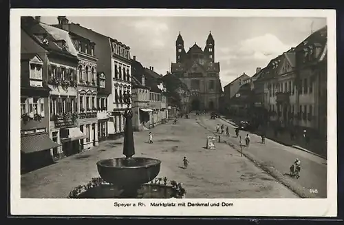 AK Speyer a. Rh., Marktplatz mit Denkmal & Dom