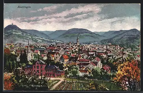 Künstler-AK Reutlingen, Totalansicht der Stadt