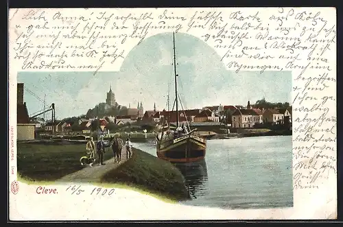 AK Cleve, Uferpromenade mit Ortspanorama