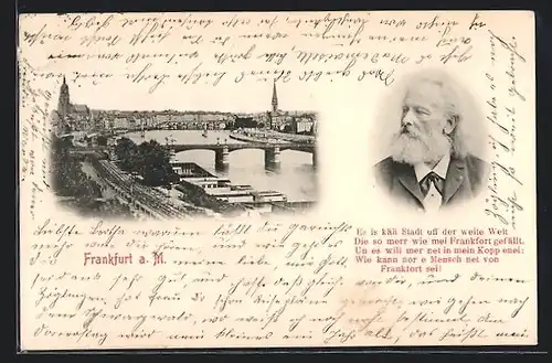 AK Frankfurt a. M., Teilansicht mit Brücke, Herrenportrait