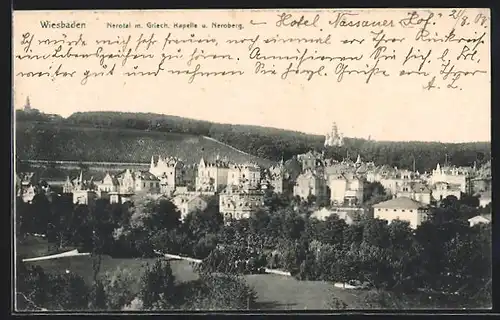 AK Wiesbaden, Nerotal mit Grichischer Kapelle und Neroberg